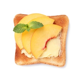 Tasty toast with butter, peach slices and mint isolated on white, top view