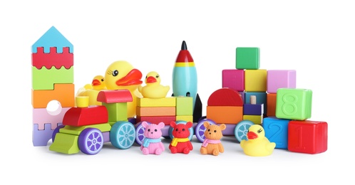 Photo of Set of different toys on white background