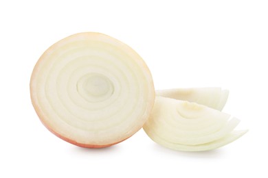 Photo of Pieces of fresh onion on white background