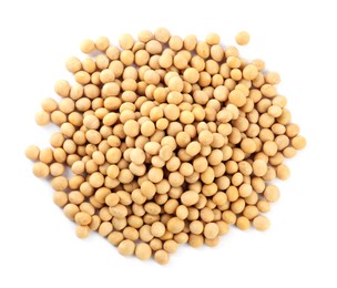 Heap of soya beans isolated on white, top view