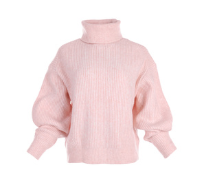 Photo of Stylish warm pink sweater isolated on white