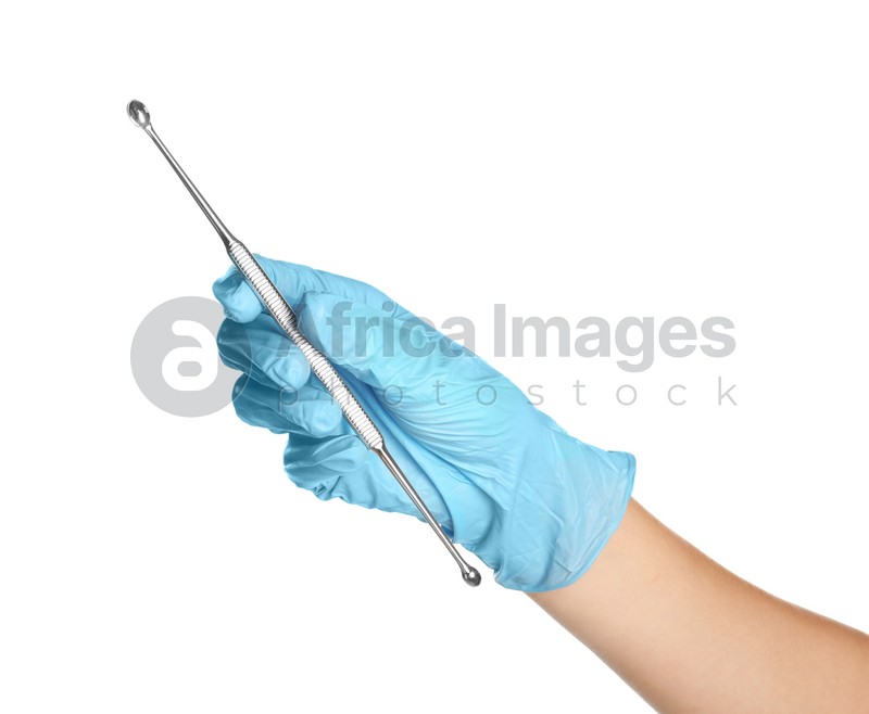 Doctor in sterile glove holding medical tool on white background