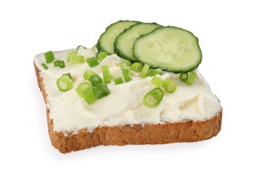 Photo of Delicious sandwich with cream cheese, cucumber and chives isolated on white
