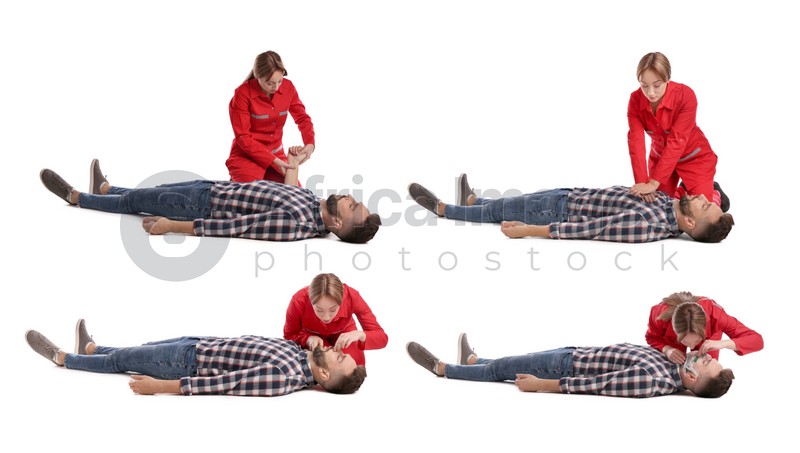 Paramedic performing first aid on unconscious woman against white background, collage 