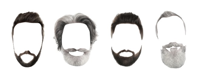 Fashionable men's hairstyles and beards isolated on white, collage. Banner design