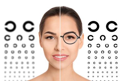 Image of Collage with photos of woman with and without glasses and eye charts on white background. Visual acuity testing