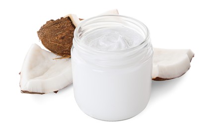 Jar of hand cream and coconut pieces on white background