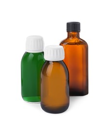 Photo of Bottles of syrups on white background. Cough and cold medicine
