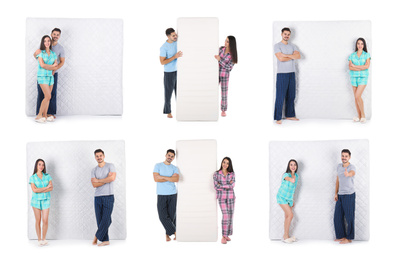Collage with photos of young couple and mattresses on white background