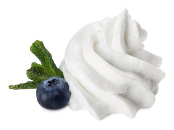 Delicious fresh whipped cream with blueberry and mint isolated on white
