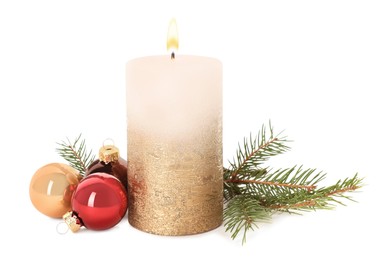 Photo of Beautiful candle with Christmas decor on white background