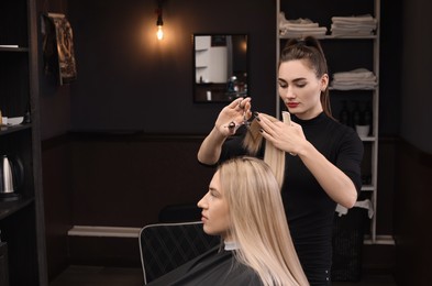 Professional hairdresser cutting woman's hair in salon, space for text