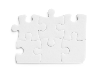 Blank puzzle pieces isolated on white, top view