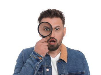 Photo of Emotional man looking through magnifier on white background
