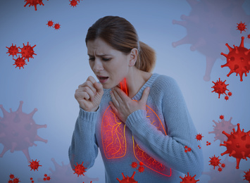 Image of Woman with diseased lungs surrounded by viruses on blue background