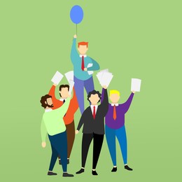 Competition concept. Office worker and one with balloon rising on light green background. Illustration