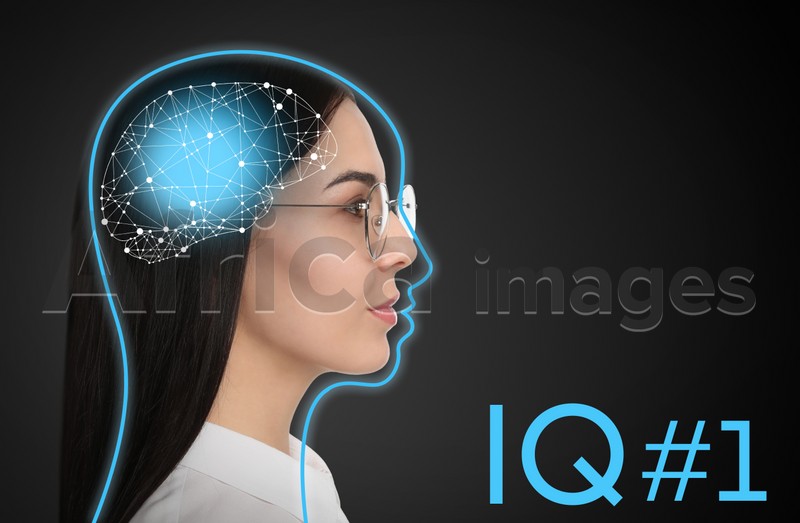 Young woman and illustrated head with brain on black background. IQ test