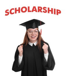 Scholarship concept. Happy student wearing graduation hat on white background