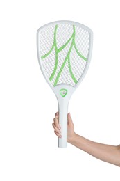 Man with electric fly swatter on white background, closeup. Insect killer