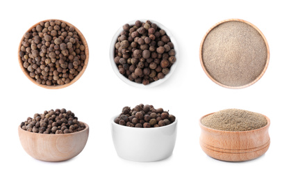 Set of ground pepper and grains on white background