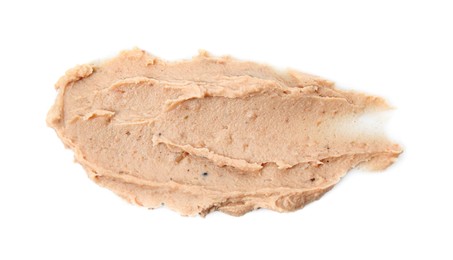 Smear of delicious liverwurst isolated on white, top view