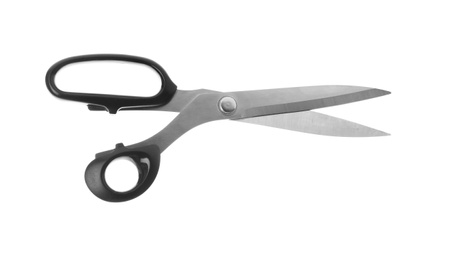 Pair of sharp sewing scissors on white background
