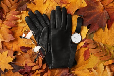 Stylish black leather gloves, glasses and wristwatch on dry leaves, flat lay