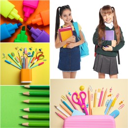 Image of Collage with photos of cute children and different stationery. Back to school