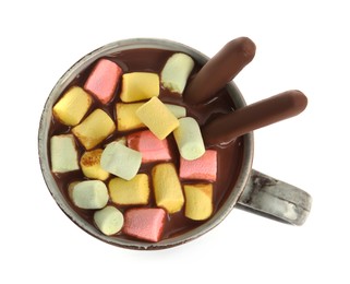 Cup of delicious hot chocolate with marshmallows isolated on white, top view