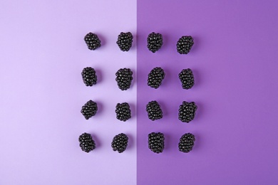 Tasty ripe blackberries on purple background, flat lay