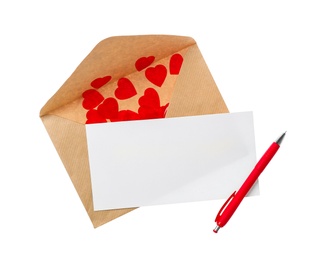 Blank card, envelope and pen on white background, top view. Valentine's Day celebration