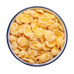 Bowl of tasty corn flakes isolated on white, top view