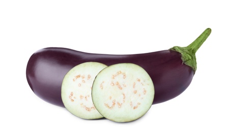 Cut and whole fresh ripe eggplants isolated on white
