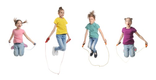 Cute happy children with jumping ropes on white background, collage. Banner design