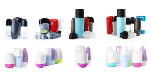 Image of Set of different deodorants on white background. Banner design