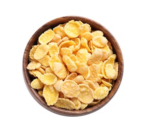 Bowl of tasty crispy corn flakes isolated on white, top view