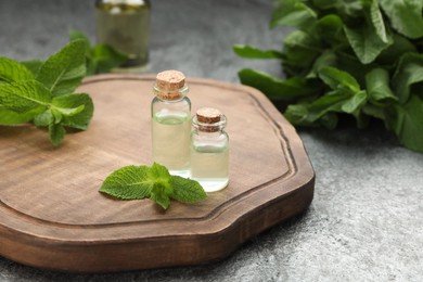 Bottles of essential oil and mint on grey table