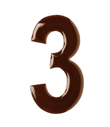 Photo of Chocolate number 3 on white background, top view