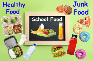 School food, healthy or junk. Different products as variants for lunch 