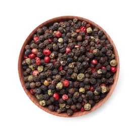 Bowl with peppercorn mix isolated on white, top view