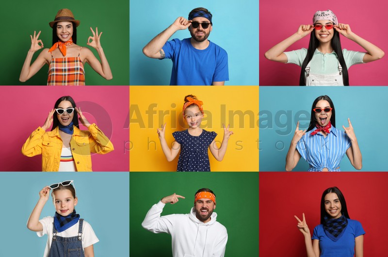 Collage with photos of people wearing stylish bandanas on different color backgrounds