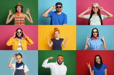 Collage with photos of people wearing stylish bandanas on different color backgrounds