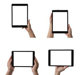 Collage with photos of people holding tablet computer on white background, closeup 