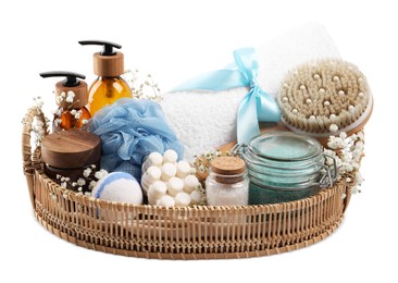 Photo of Spa gift set with different personal care products isolated on white