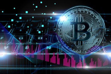 Image of Digital currency security. Bitcoin on computer keyboard, closeup. Digital charts