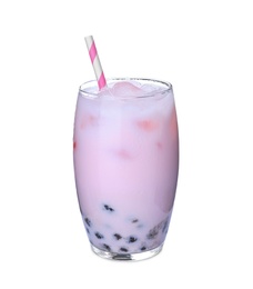 Tasty pink milk bubble tea isolated on white