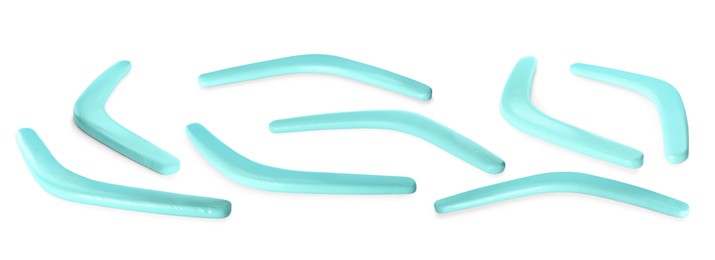 Set with turquoise boomerangs on white background. Banner design