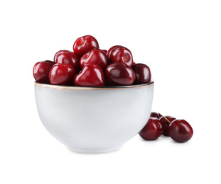 Tasty ripe red cherries and bowl isolated on white
