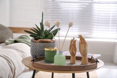 Wooden tray with air reed freshener, plant and mannequin hands on table in living room