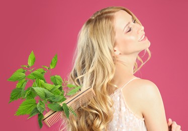 Image of Natural hair care. Beautiful young woman, green stinging nettles and comb on pink background 